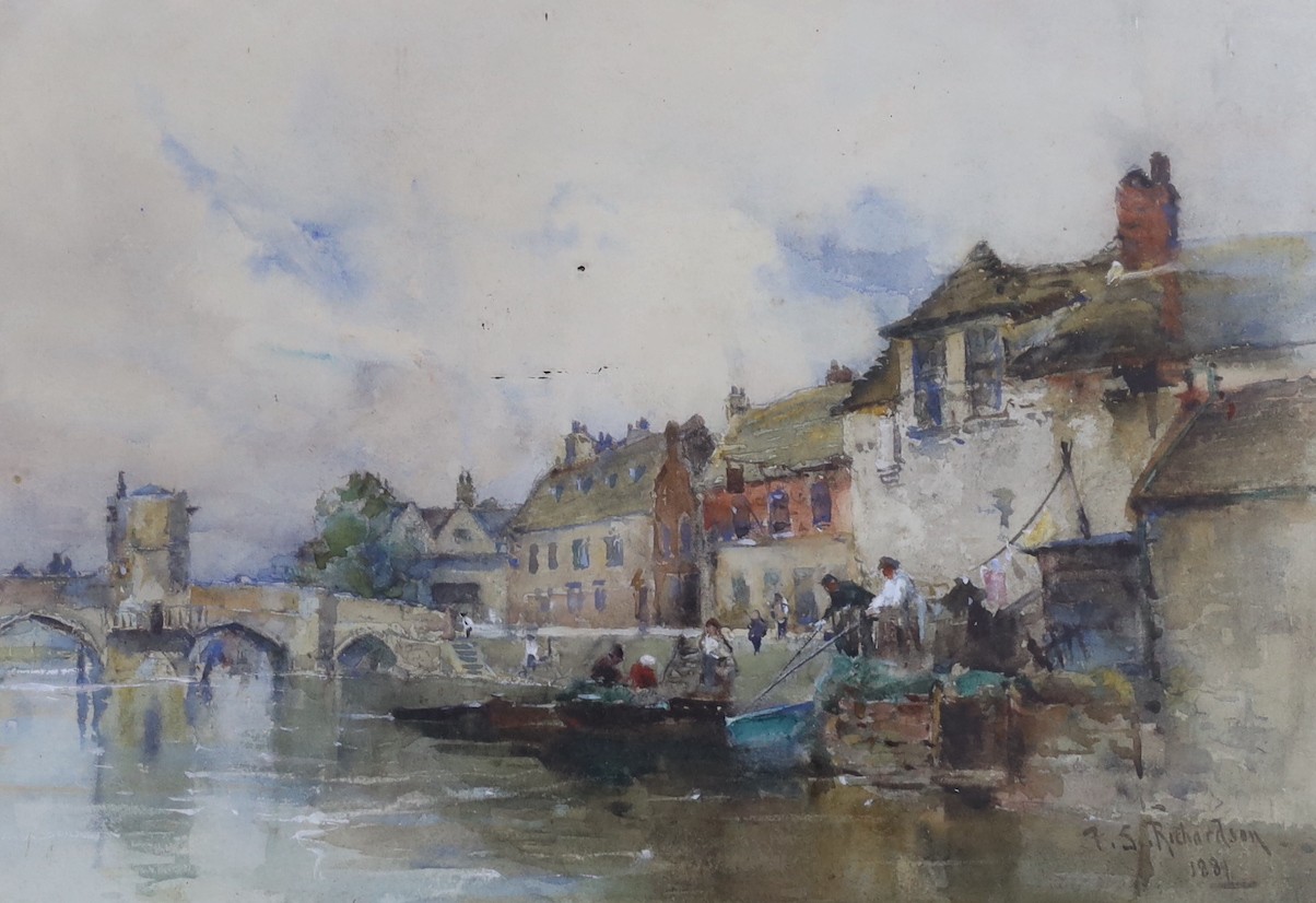Frederick Stuart Richardson (1855-1934), watercolour, Riverside with anglers, signed and dated 1884, 23 x 34cm